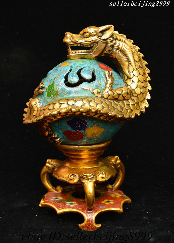 Old China Bronze Cloisonne Enamel Dragon Loong Beast Ball Incense Burner Censer
