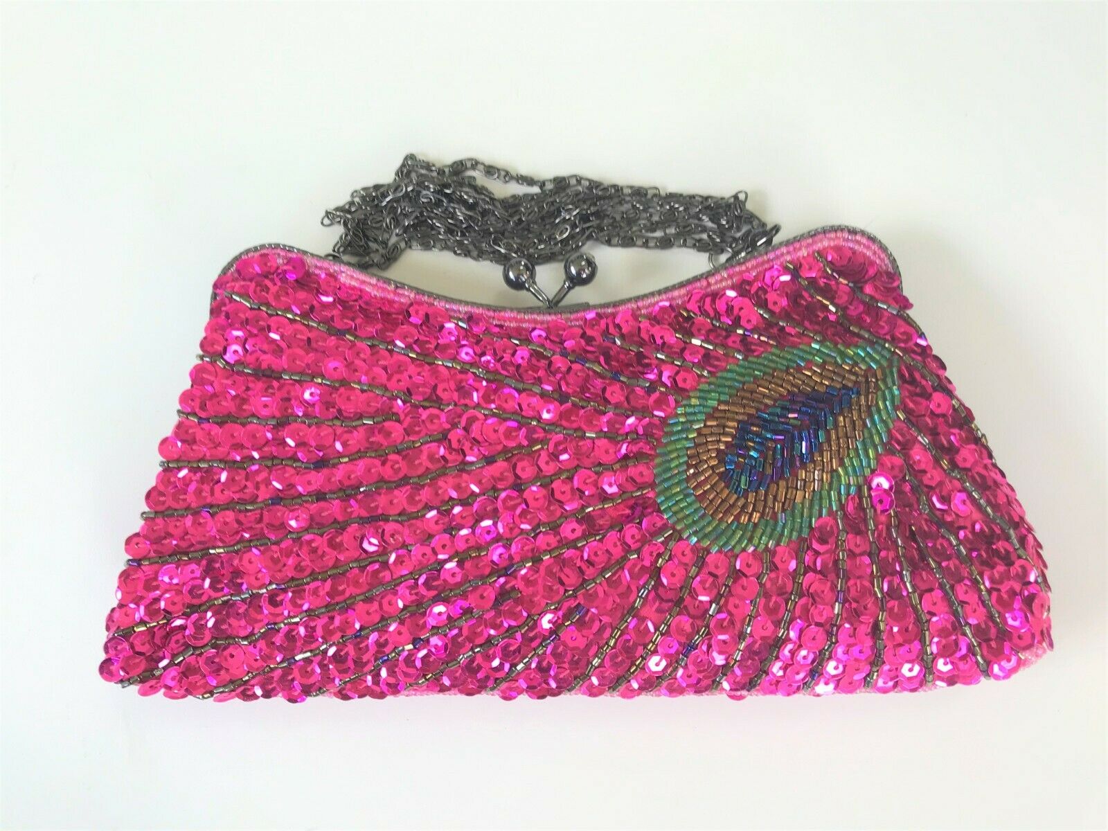Sequins Beaded Pink Peacock Feather Evening Bag Purse Clutch