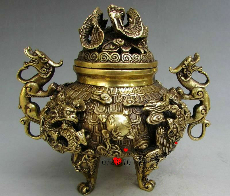 Antique Chinese Fengshui Brass Nine Dragons Incense Burner Statue Qianlong Mark