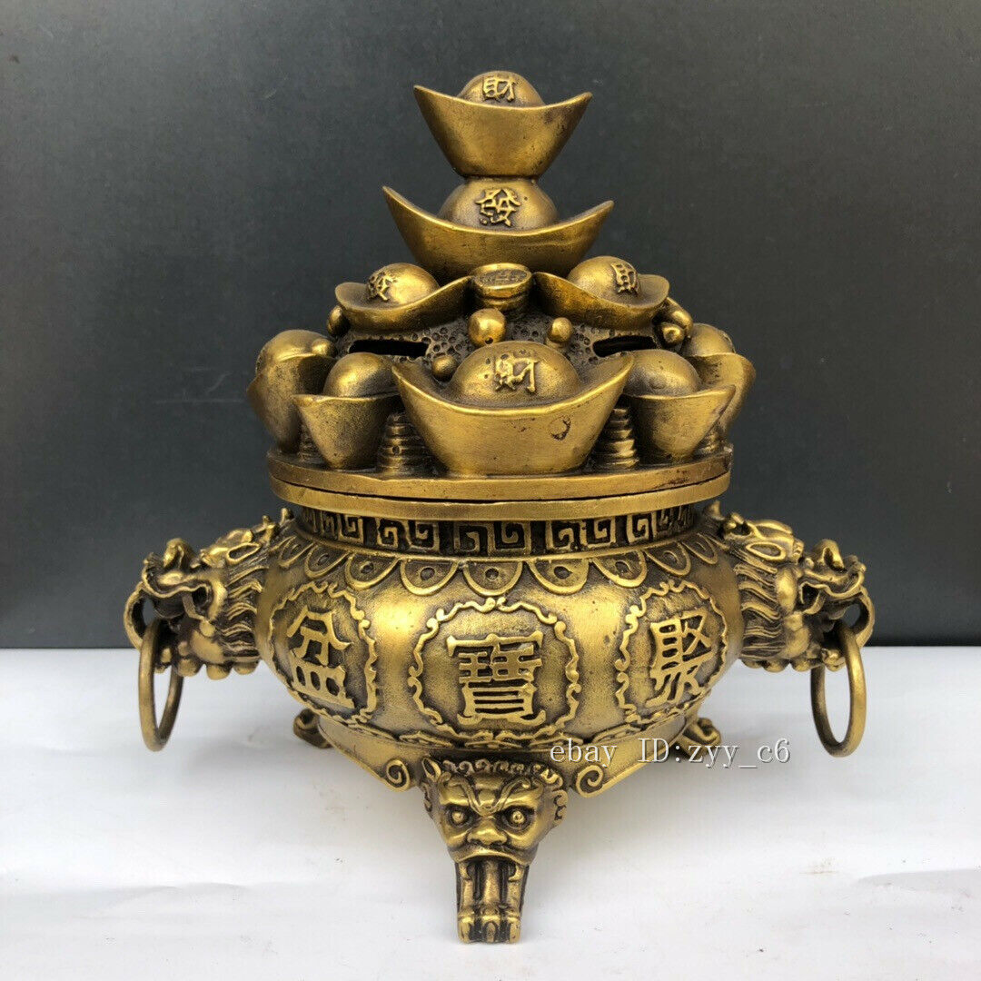 7.4" Marked Chinese Dynasty Bronze Yuanbao Welath Rich Incense Burner Censer