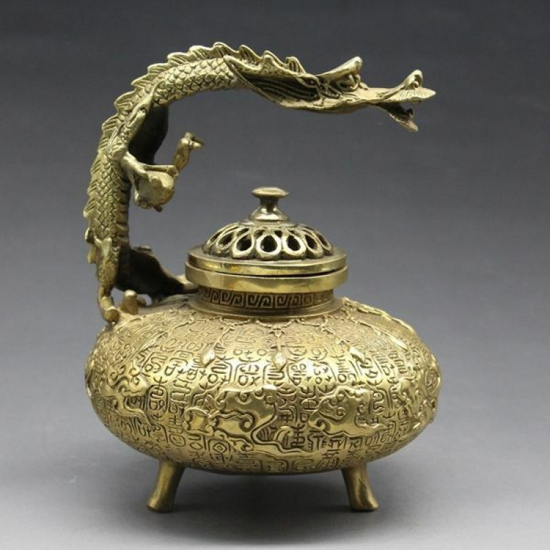 Chinese Old Handwork Tibet Bronze Carved Dragon Incense Burner