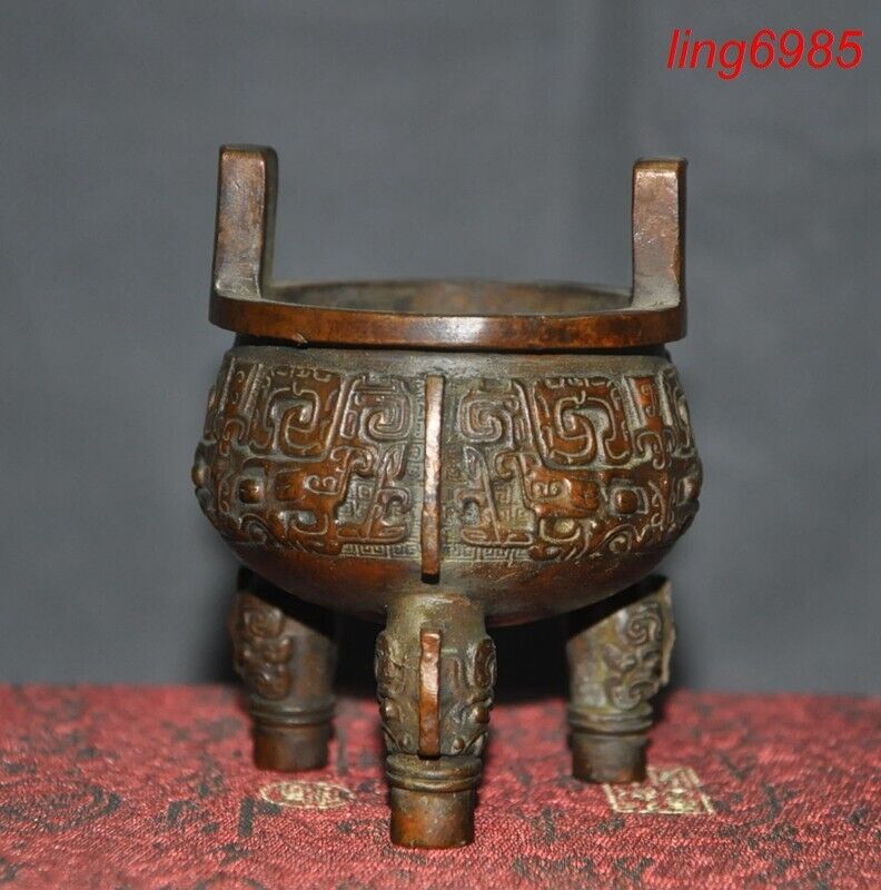 Old China Buddhism Temple Bronze Beast Pattern Statue Incense Burner Censer
