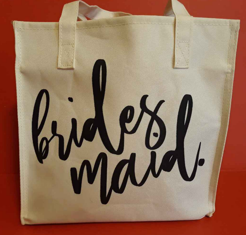 Light Cream Black Text Brides Maid Wedding Party Tote Bag Gift Small 9.5x10 New