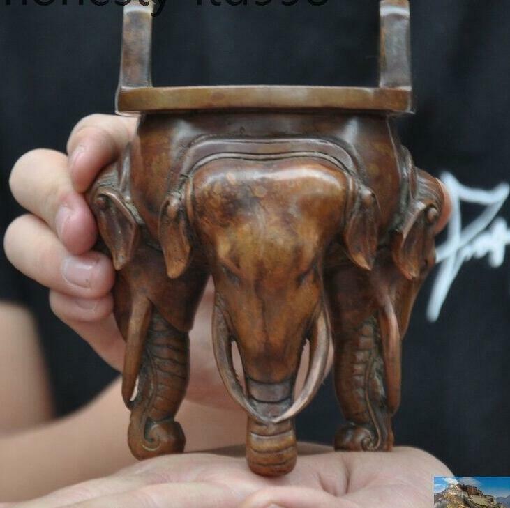 5" Mark Old Chinese Buddhism Bronze Elephant Head Statue Incense Burner Censer