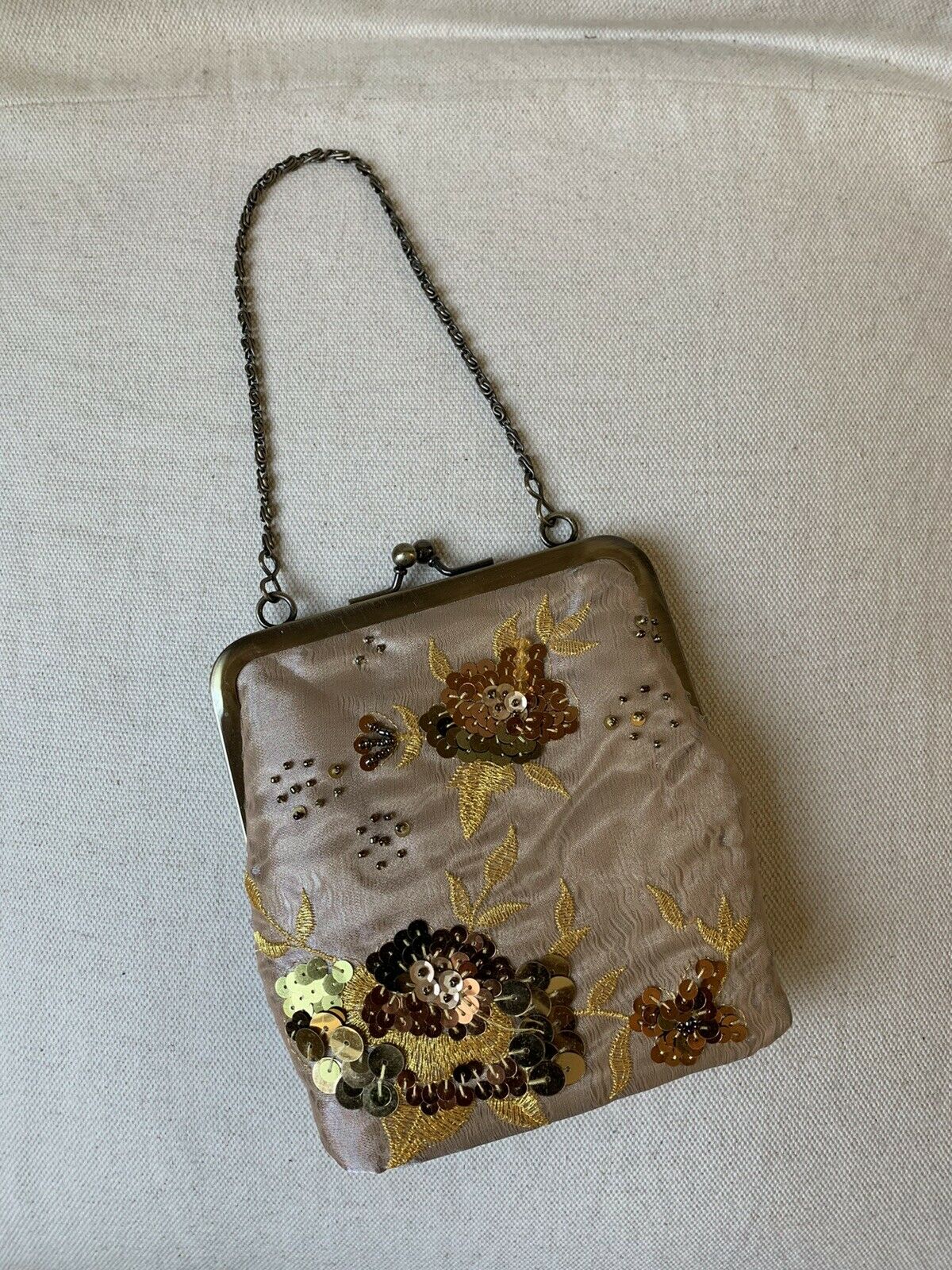 Small Evening Purse Bag Iridescent Fabric With  Gold Sequins,beads, Stitching