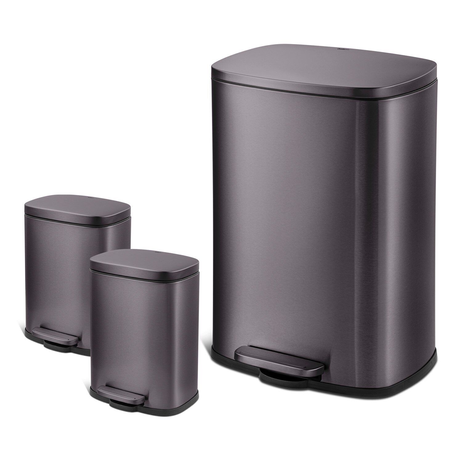 13.2 Gal Rectangular Step Trash Can, Plus Two 1.3 Gal Trash Cans, Black Stainles