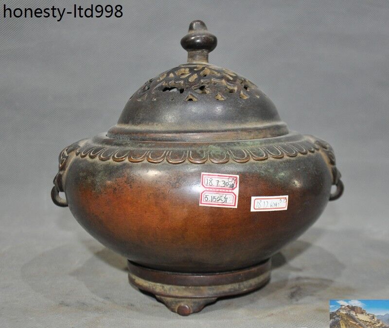 8" Old China Dynasty Pure Purple Bronze Beast Face Statue Incense Burner Censer