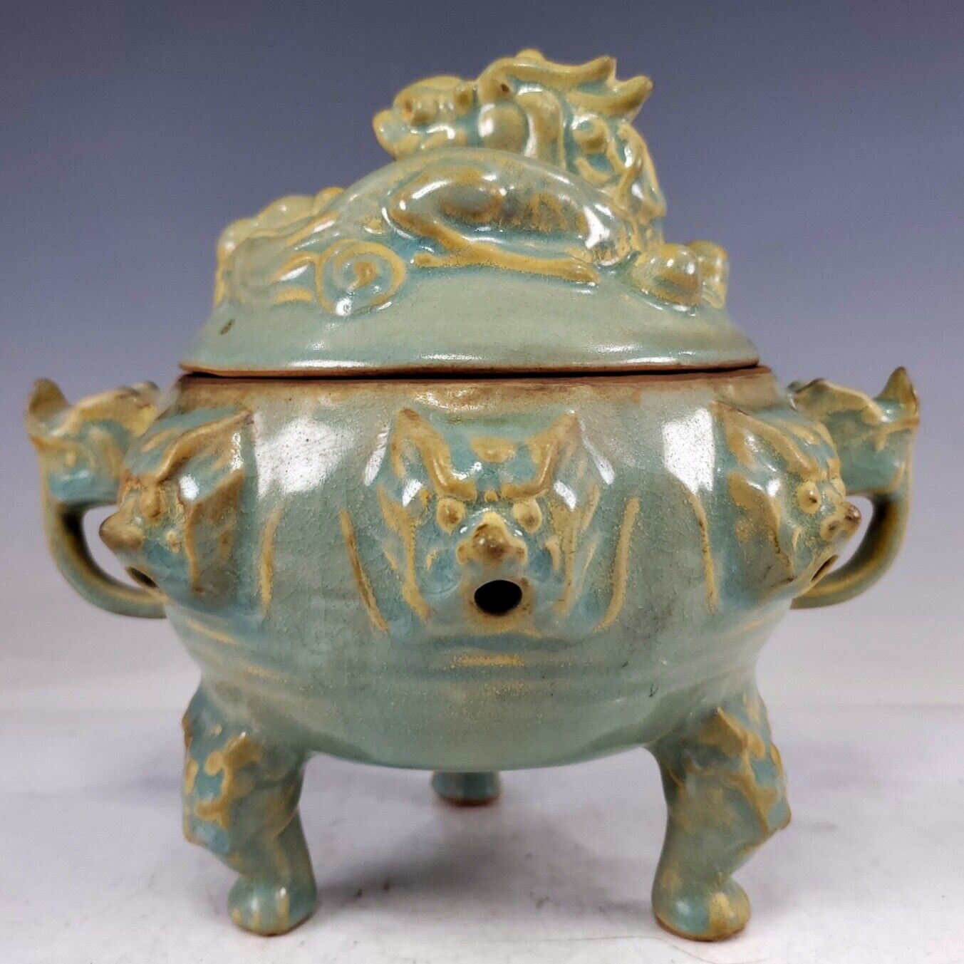 7.2" China Old Antique Porcelain Song Dynasty Ru Kiln Dragon Incense Burner