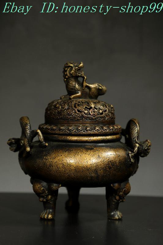 7.6'' "宣德" Marked Chinese Bronze Dragon Loong Beast Statue Incense Burner Censer