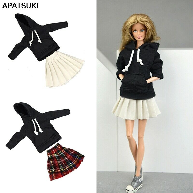Black Top Hoodies Sweatshirt Pleated Skirts Clothes For 11.5" Doll Outfits 1/6